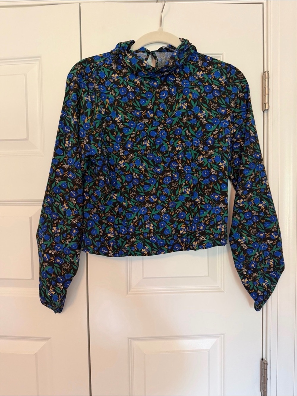 Zara Floral Mock Neck Blouse in Blue, Green & Black